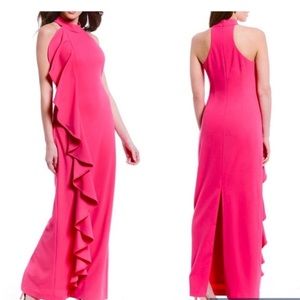 Belle Badgley Mischka Cali Ruffle Front Halter Pink Maxi Dress Size 0
